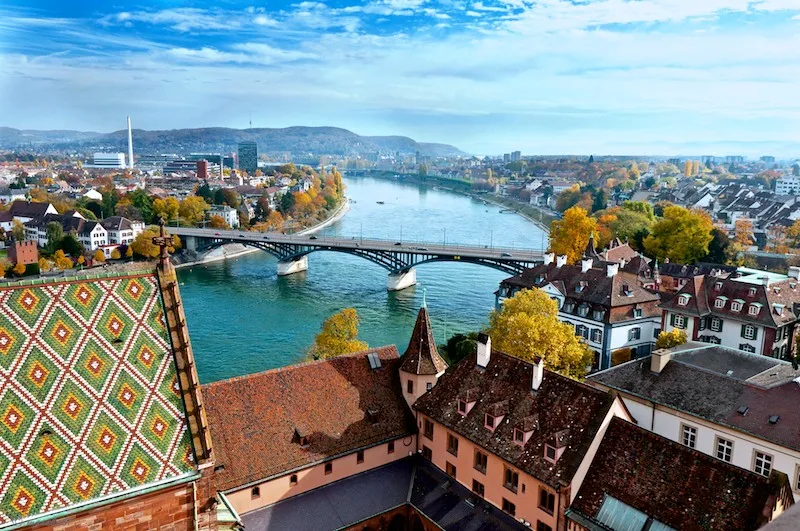 Basel on the Rhine, with the tiled roofs of the old town