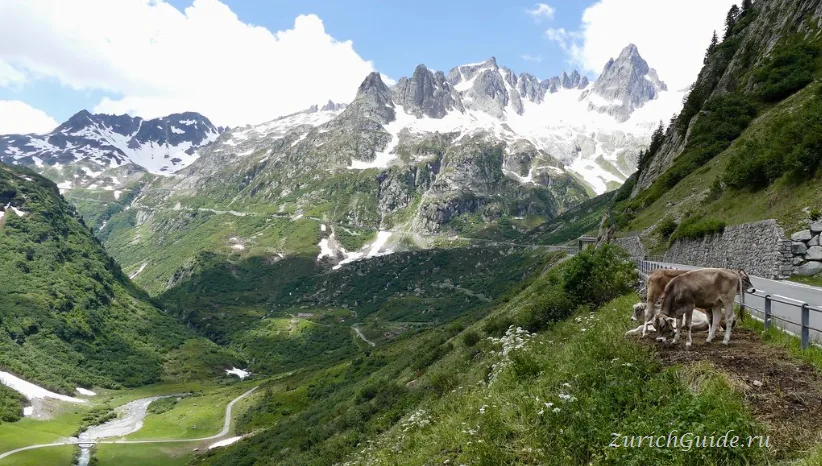 The Susten Pass with glaciers above the road