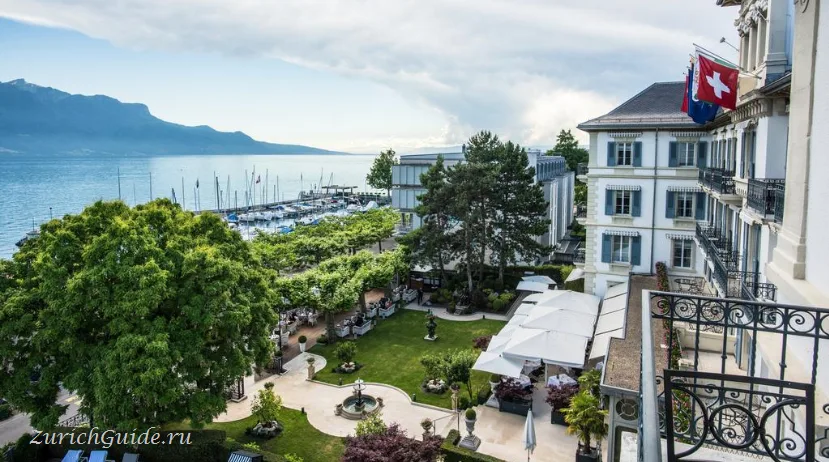 The lakefront at Vevey with the Alps across the water